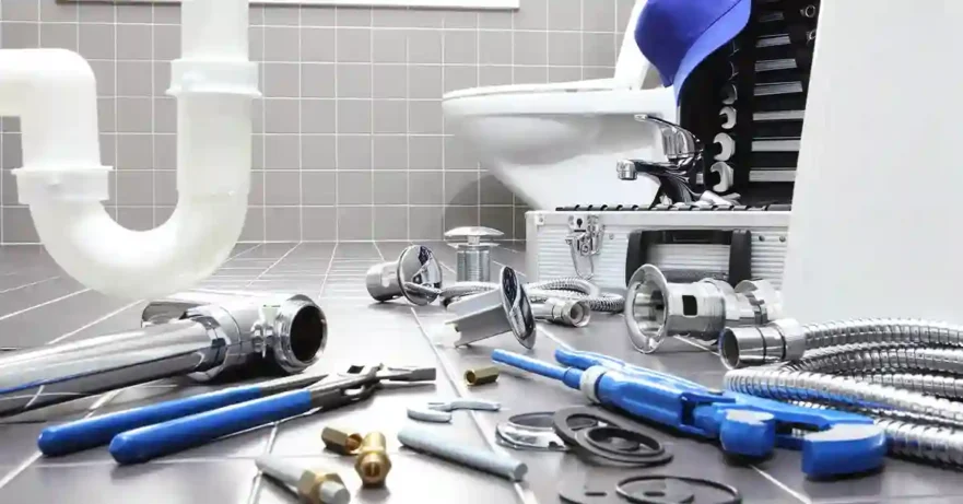 Toilet and sink parts on bathroom floor