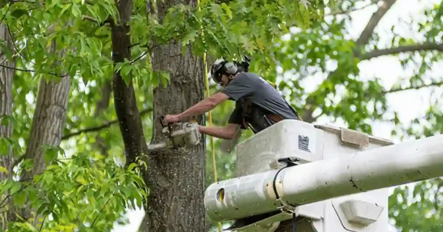 Chainsaw Cutting a Tree Branch from Cherry Picker