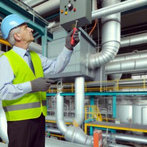 Man in Blue Hardhat using Building Maintenance Software