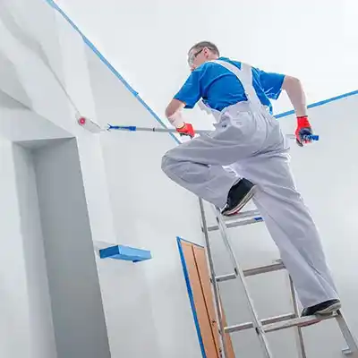 Man in overalls on ladder using Painting Contractor Software