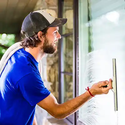 Man Washing a Window and using Window Cleaning Software