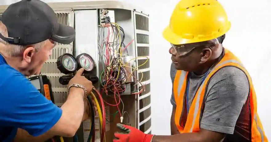 Two HVAC Techs Working on Unit